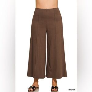 Zenana Brown Plus Heavy Ponte Elastic Waistband Pintuck Pants